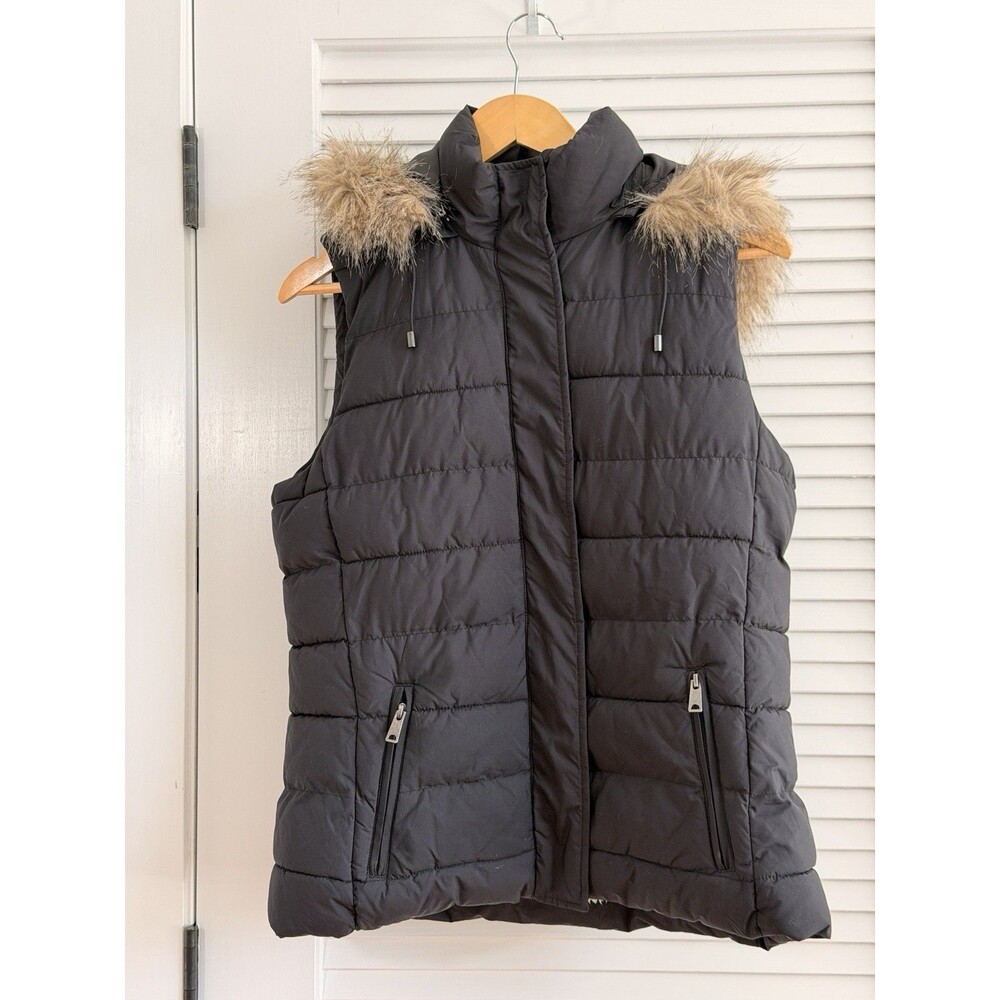 Banana Republic Black Puffer Vest M Faux Fur Hood Sherpa Lined Winter
